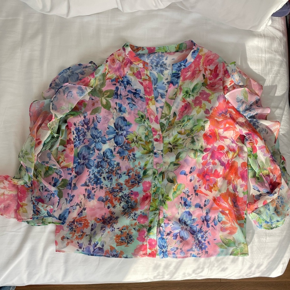 Zara Pink and Blue Ruffled Blouse with Mandarin Collar